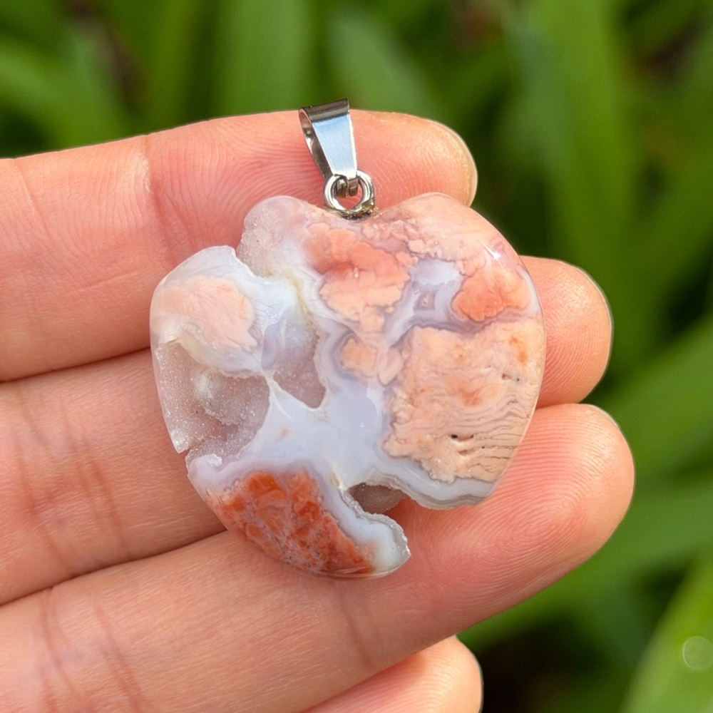 Stainless steel sparkling‎ druzy pink flower agate heart pendant 0934